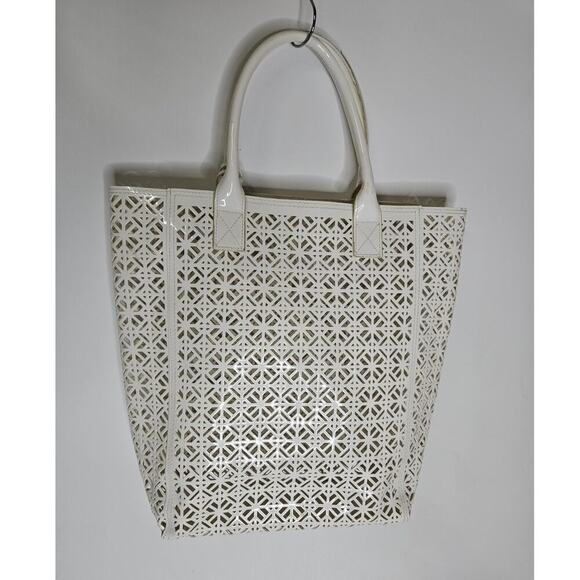 TORY BURCH White Cut-Out Patent Leather Tote Bag Lightweight Pool Beach Bag - Picture 2 of 2
